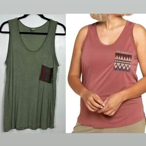 POL Women's Aztec Pocket Scoop Neck Tank Top In Khaki Size L
